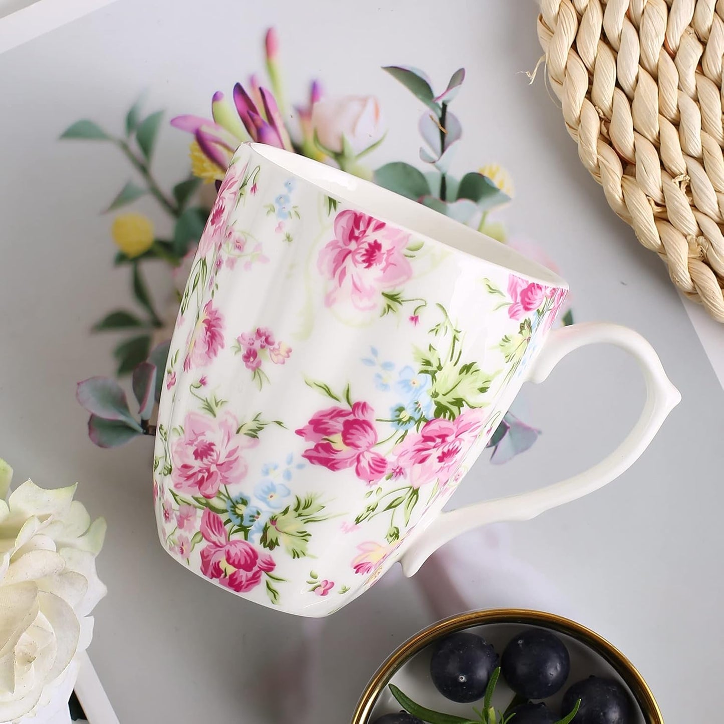 14oz Cute Coffee Mugs for Women Cute Mugs Bone China Floral Coffee Mug Teacups for Mom Women Birthday Gifts Christmas Gifts