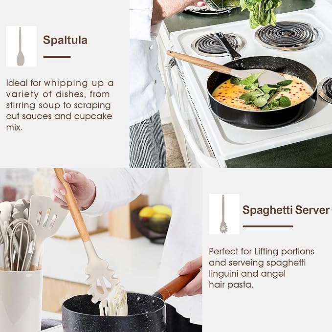 E-far Cooking Utensils Set of 6, Silicone Kitchen Utensils with Wooden Handle, Non-stick Cookware Friendly & Heat Resistant, Includes Spatula/Ladle/Slotted Turner/Serving Spoon/Spaghetti Server(Khaki)