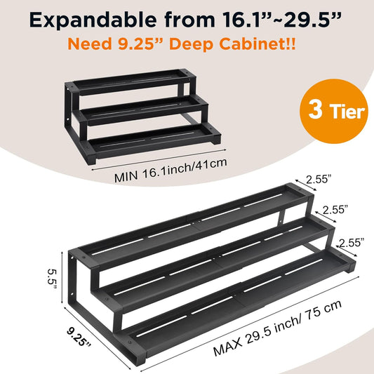 3-Tier Spice Rack Organizer for Kitchen Cabinet or Pantry, 16"-29" Expandable Spice Organization Shelf, Seasoning Organizer, Metal Display Shelf, Slip-Resistant Design for Jars and Bottles, Black