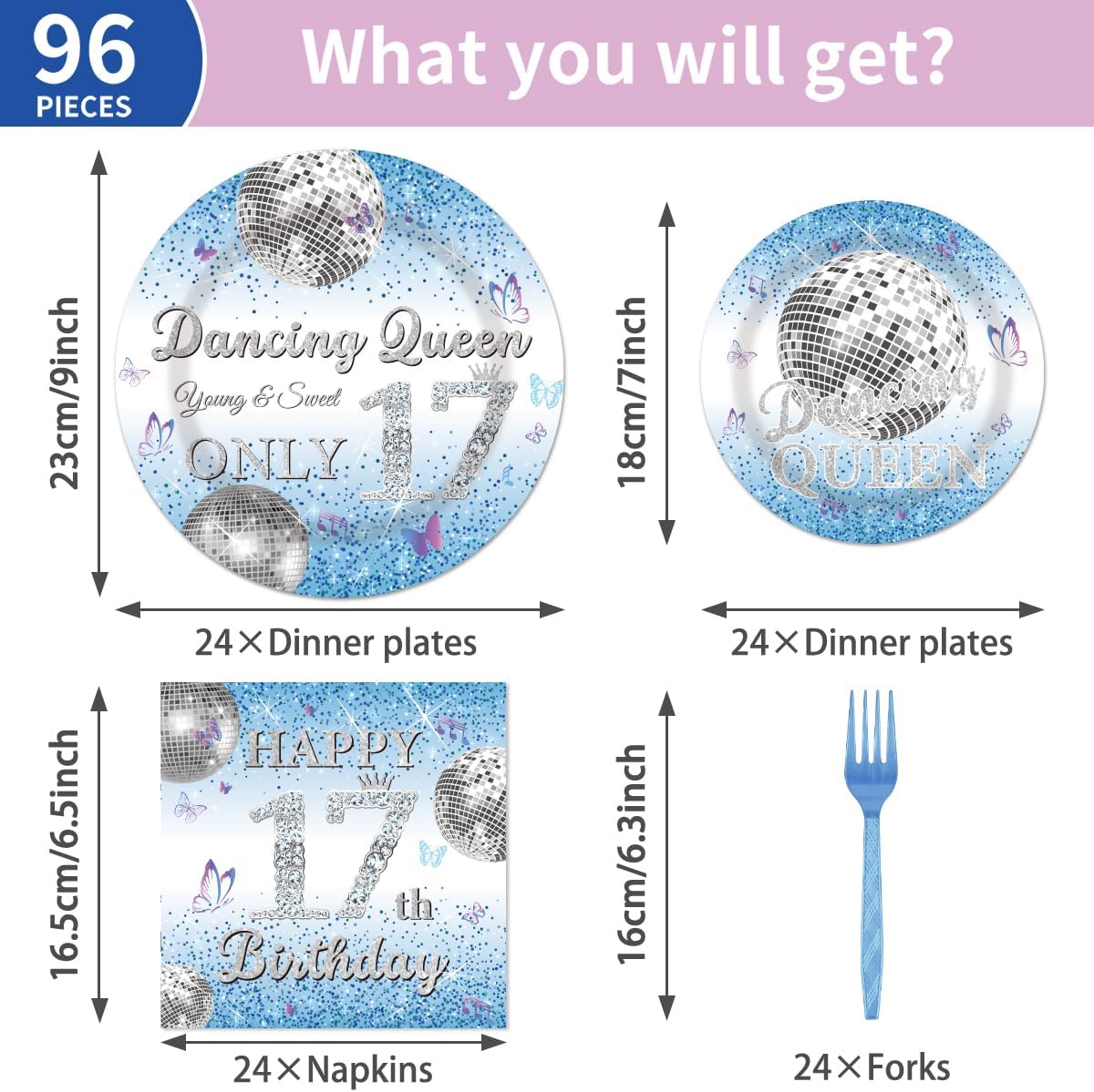 96Pcs Dancing Queen 17th Birthday Disposable Tableware Set - Dancing Queen Happy 17th Birthday Paper Plates Napkins Forks Blue Disco 17 Years Old Party Supplies Serve 24 Guests