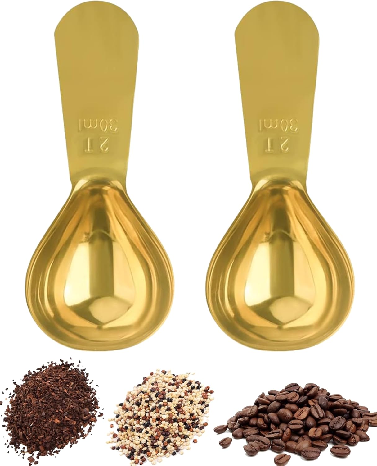 Coffee Scoop 30ml 2PCS, 2 Tablespoon Measuring Spoons, Ergonomics Design Coffee Scooper Stainless Steel Manufacture，Coffee Scoop for Ground Coffee Protein Powder Sugar Cereal (Gold, 2 tbsp-30ml)