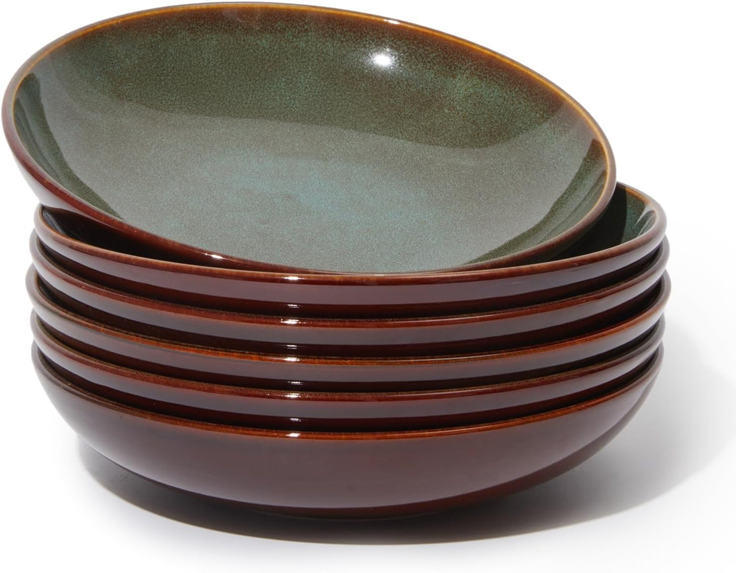Stoneware Pasta Bowls Set of 6, 8.75 Inch Ceramic Bowl Set 32 Oz, Microwave & Dishwasher Safe Bowl Plates, Large Salad Bowl for Serving Soup, Pasta, Noodle, Dinner, Brown Green
