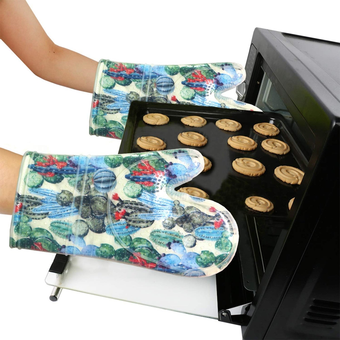 Oven Mitts Set of 2 with Transparent Clear Silicone Shell and Nice Cactus Flower Cotton Lining, Heat Resistant to 500 F Kitchen Oven Gloves Pot Holder for Cooking (Cactus Flower, Oven Mitts)