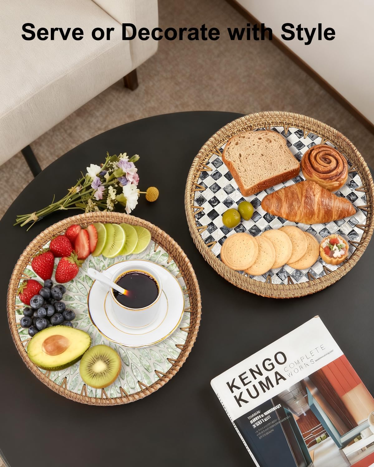 Round Rattan Tray with Mother of Pearl Inlay 11.8 inch, Decorative Serving Tray for Coffee, Bread, Fruit, Woven Wicker Tray for Boho, Coastal, Home Decor(Green Leaf)