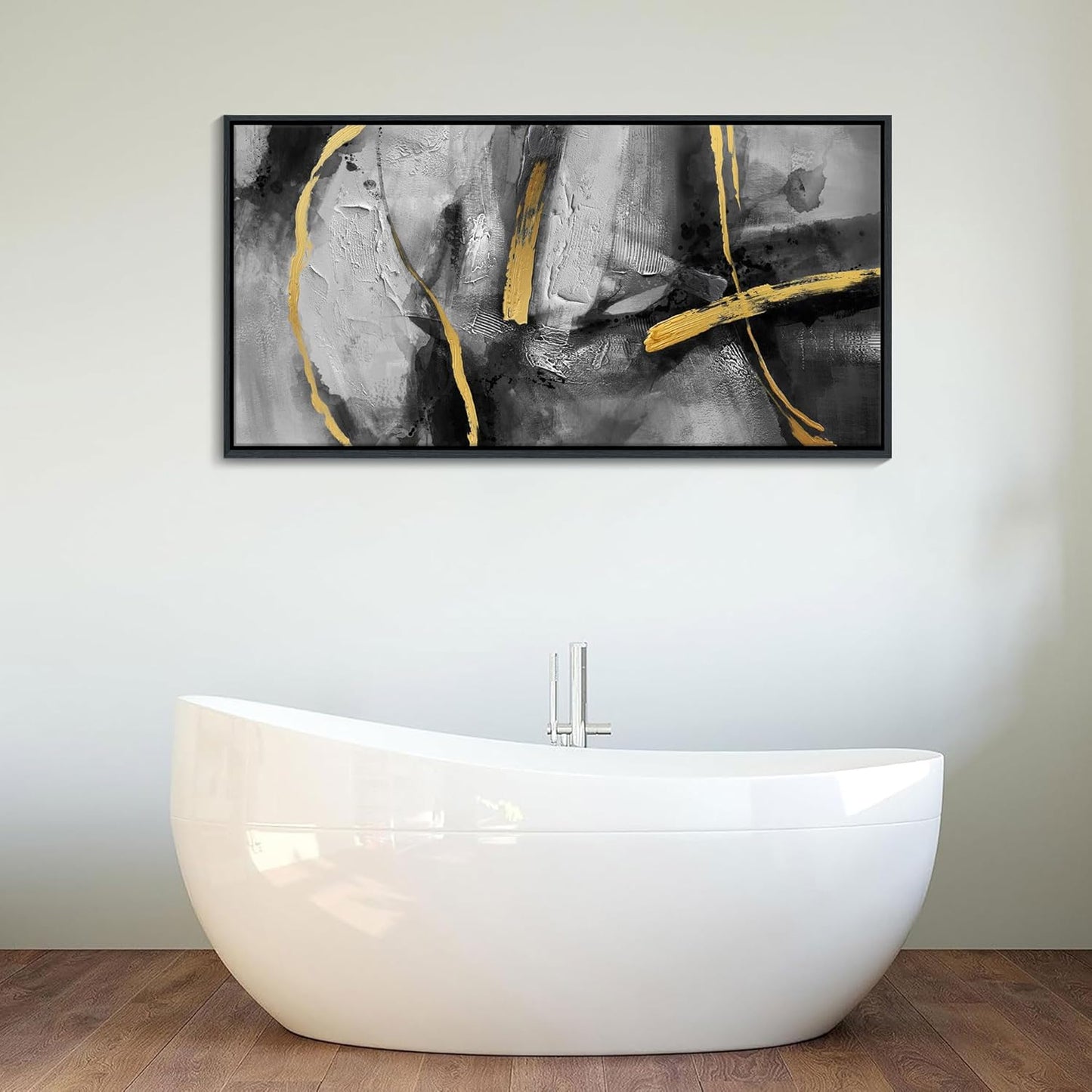 Large Framed Wall Art Decor - Abstract Black and Gray Wall Pictures Living Room Hand-Painted Dream Painting Golden Canvas Prints as Bedroom Kitchen Dining Room Cafe Home Decor 24X48 In