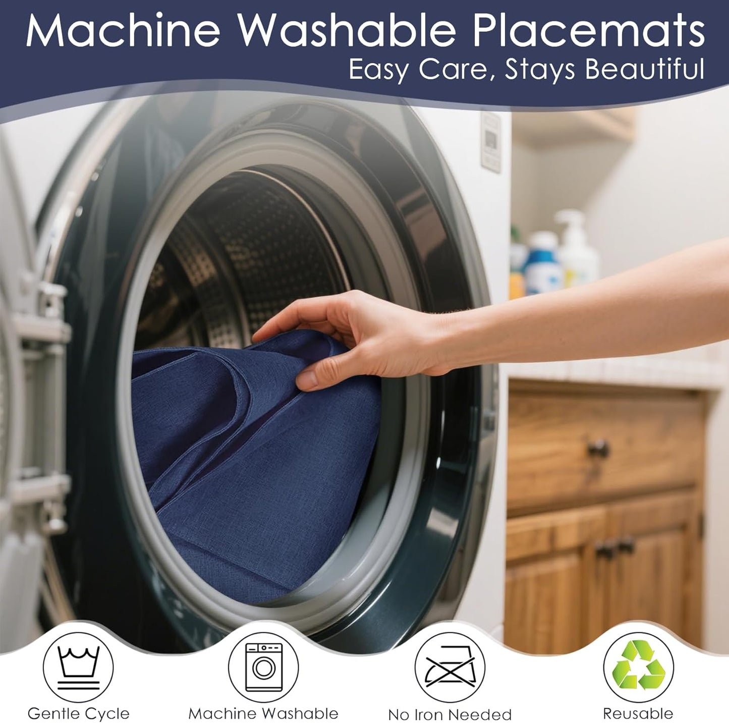 MANSPHIL Navy Blue Cloth Placemats Set of 4 Cotton Washable Thick Faux Linen Table Place Mats Heat Resistant Double Layer Fabric Wrinkle Free Dining Kitchen Table Decor - 13x19 Inch Oeko Tex Placemat
