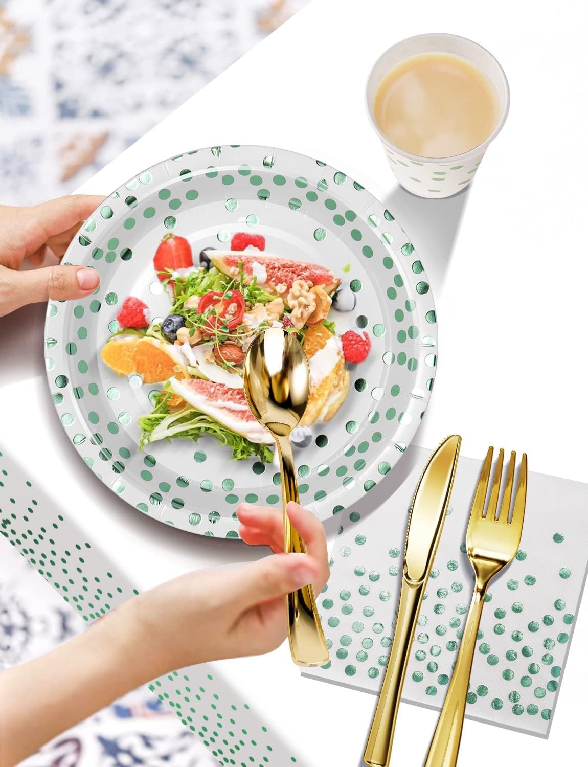 141 Pieces Green Dots Party Supplies, Party Dinnerware Sets Include Paper Plates Napkins Cups Silverware, for Wedding Bridal Shower Engagement Birthday Parties Decoration -20 Serves