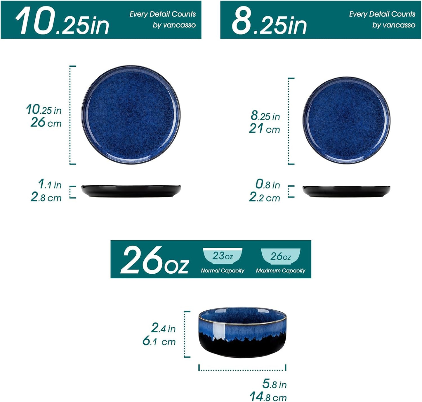 vancasso Starry 12 Pieces Dinnerware Sets for 4, Blue Reactive Glaze Dishes Sets, Ceramic Plates and Bowls Set, Dinner Salad Dessert Plates, and Cereal Bowls Set, Dishwasher and Microwave Safe
