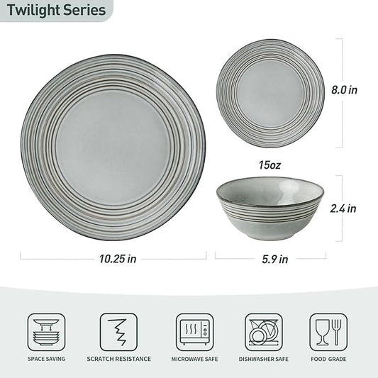 Famiware Plates and Bowls Sets 24-Piece Stoneware Dinnerware Sets, Dishes Set for 8, Hand-made Reactive Glaze Dish Set, Twilight Series, Ashy Blue