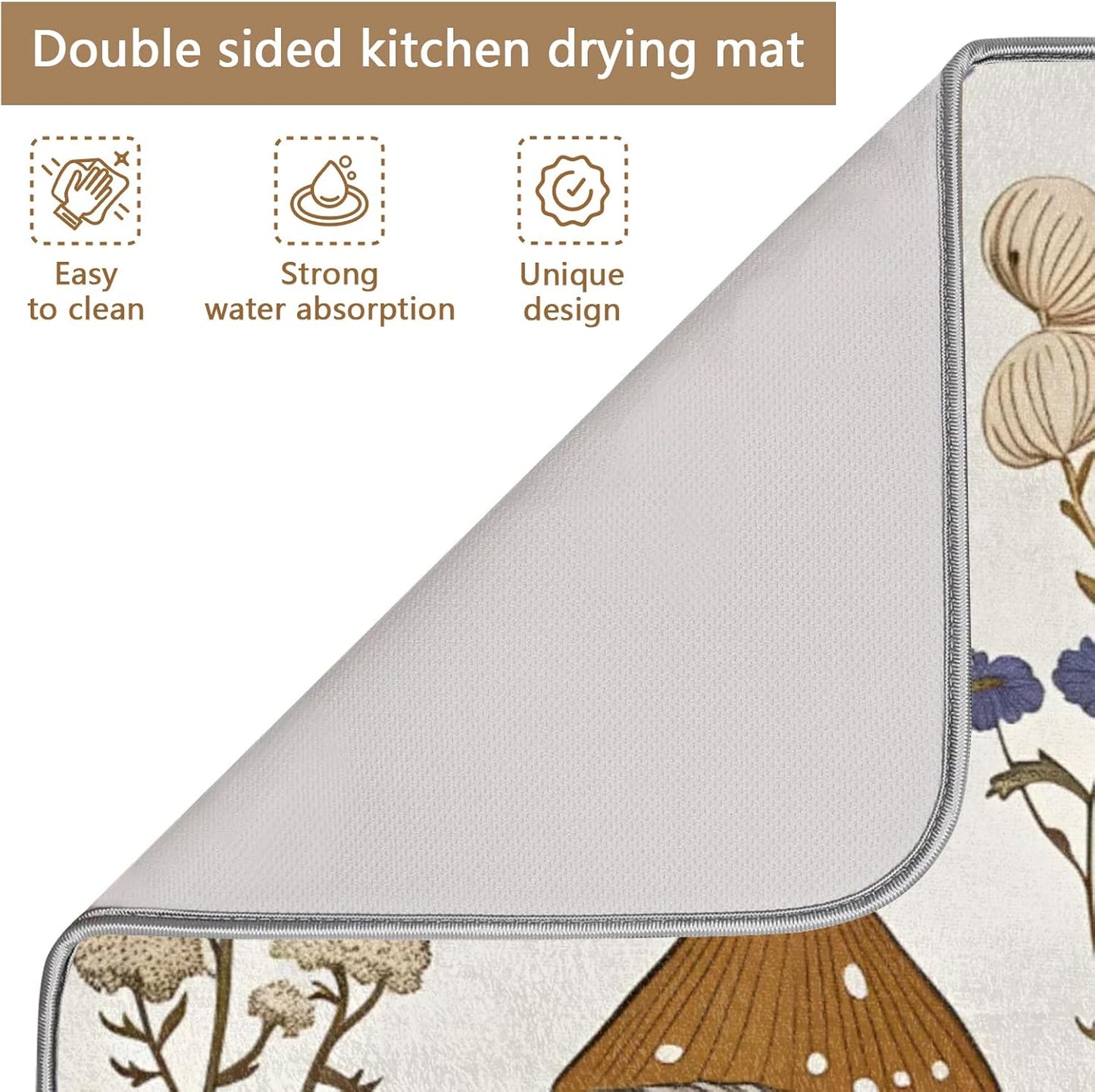 Dish Drying Mat for Kitchen - Cute Mushroom Wild Plant Print Microfiber Kitchen Mat, Non-Slip Absorbent Sink & Countertop Protector, Reusable for Dishes Bowl Cup Pan Large 18x24 Inches