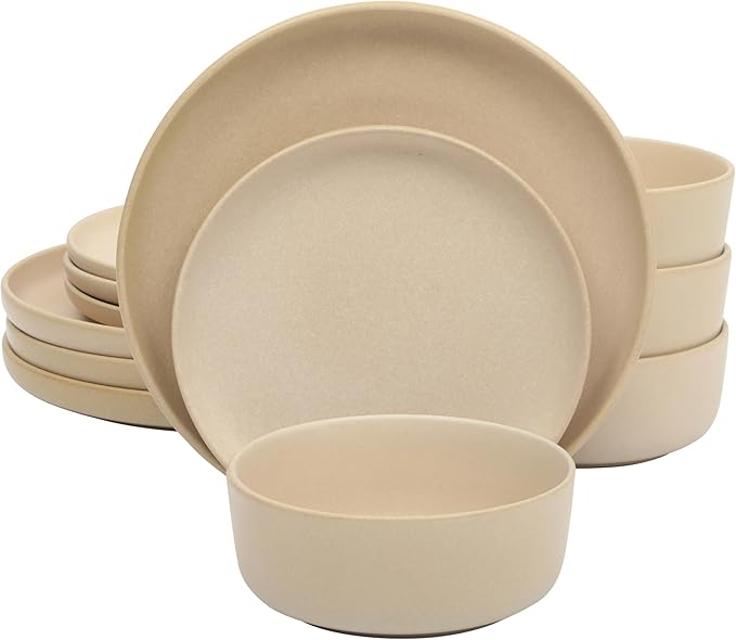 Gibson Elite Pasco 12 Piece (Service for 4) Plates and Bowls Reactive Glaze Dishes Stoneware Ceramic Dinnerware Set - Taupe
