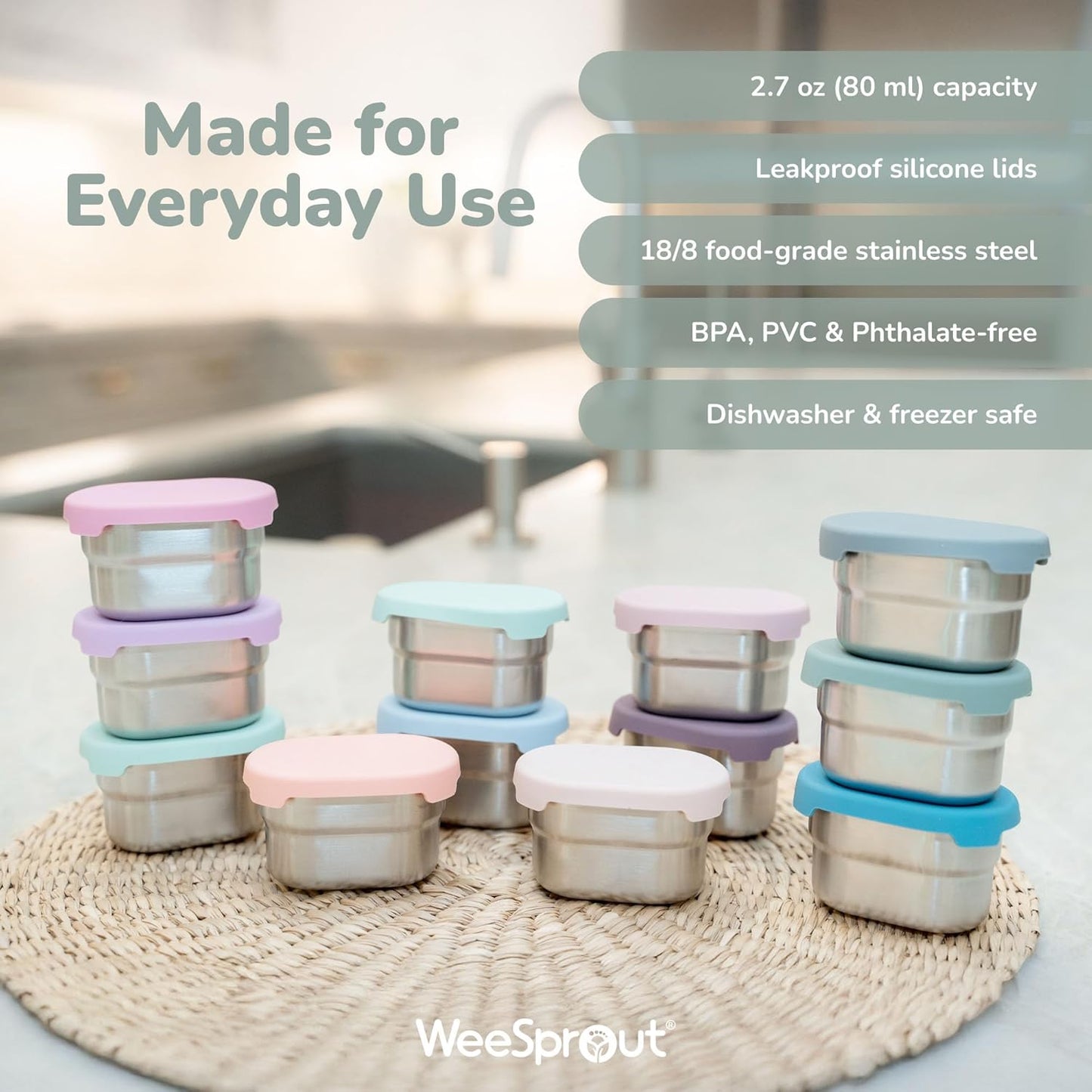 WeeSprout Stainless Steel Dip Containers with Leakproof Silicone Lids - 3 Pack - 2.7 Oz Reusable Snack & Sauce Cups - BPA-Free, Dishwasher & Freezer Safe Bento Box Lunch Boxes & Meal Prep Accessories