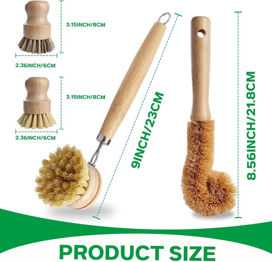 Bamboo Dish Brush Set - 5 Packs Natural Wooden Kitchen Brush, 4 Dish Scrubbers with One Replacement Head, Cleaning for Pots, Bottles and Vegetables