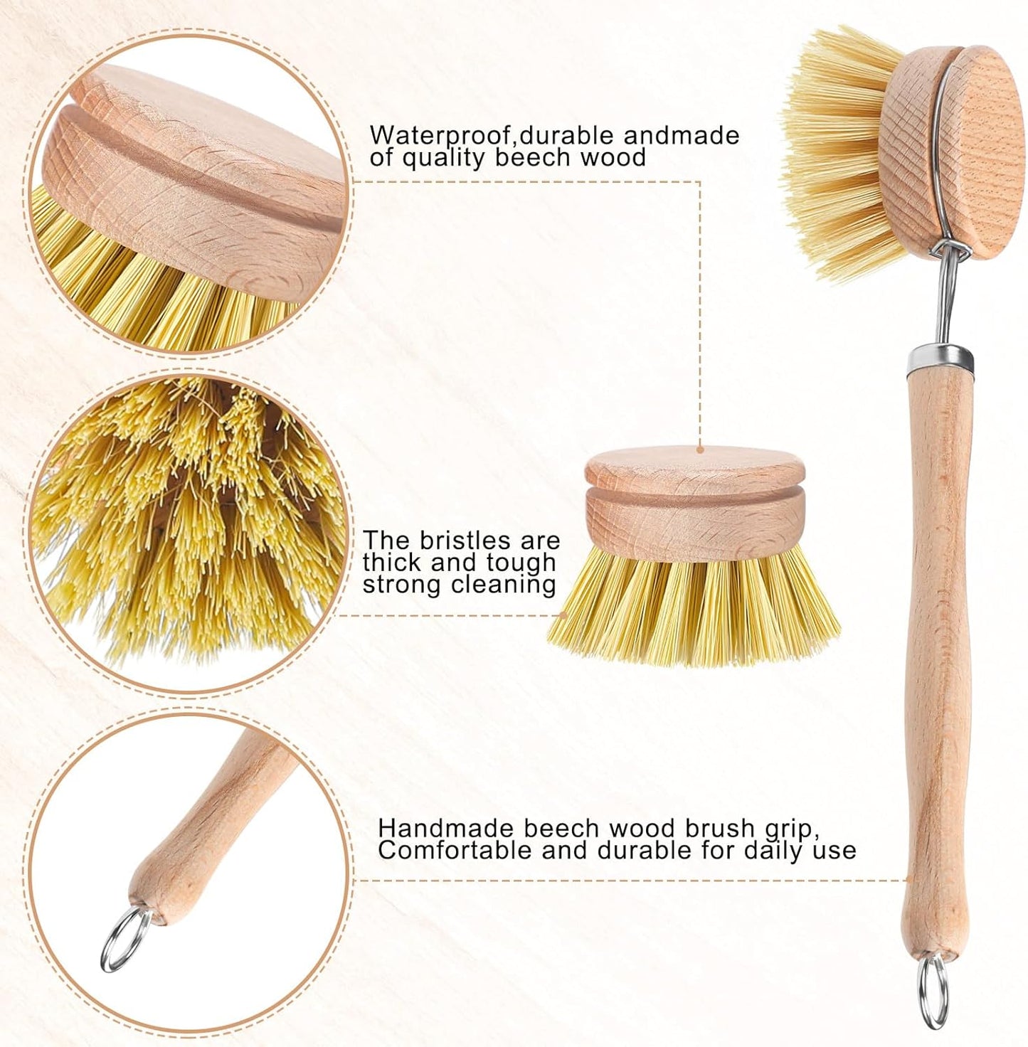 Boao Dish Brush with Beechwood Handle with 5 Replacement Heads Natural Wood Dish Scrub Brush for Washing and Cleaning Pots and Pans