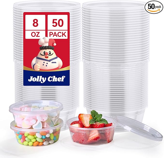 JOLLY CHEF Deli Food Storage Containers with Lids 8 OZ 50 Set Food Storage Containers, Leakproof |Stackable | Microwave | Dishwasher | Freezer Safe