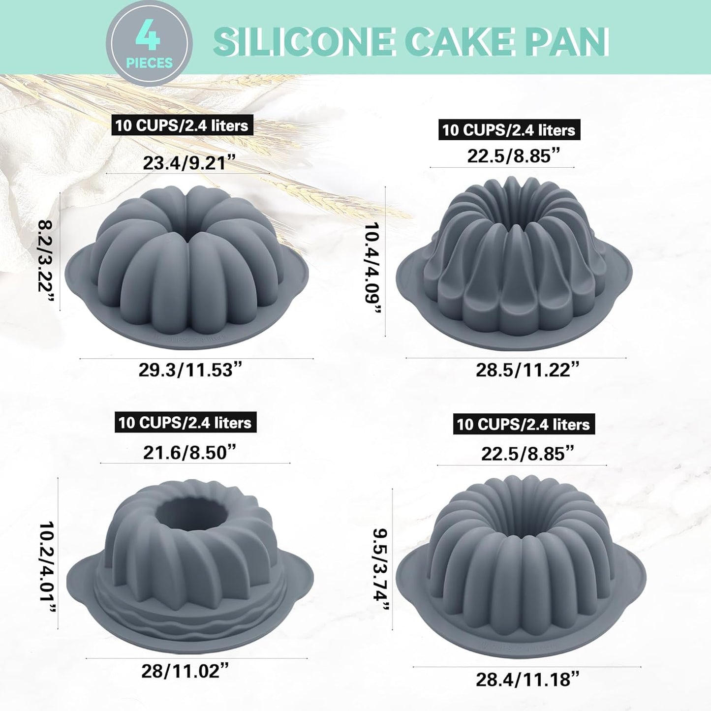 Tongjude 4 Pieces Silicone Fluted Tube Cake Pans, 10 Cups Tube Baking Pan, Jello Mold, Silicone Molds for Homemade Cake, Bread and Jello, Non-Stick, Grey