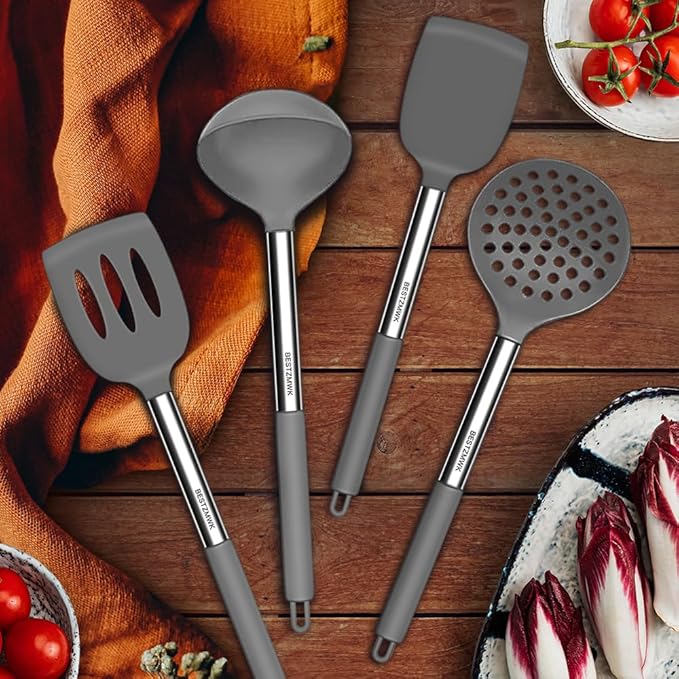 Kitchen Utensils Set-Silicone Cooking Utensils-32pcs Non-Stick Silicone Cooking Kitchen Utensils Spatula Set with Holder-Best Kitchen Cookware with Stainless Steel Handle (Grey)