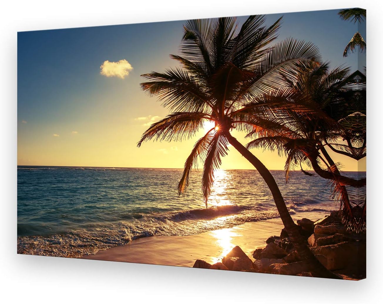 Muolunna S04969 Wall Art Decor Large Canvas Print Picture Sunset Ocean Beach Waves 1 Panel Coconut tree Scenery Painting Artwork for Office Home Decoration Stretched and Framed Ready to Hang XLarge