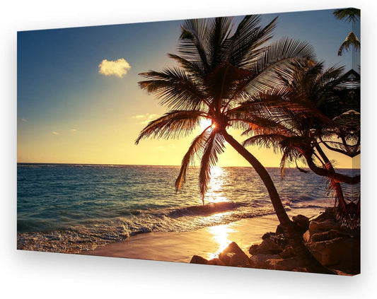 Muolunna S04969 Wall Art Decor Large Canvas Print Picture Sunset Ocean Beach Waves 1 Panel Coconut tree Scenery Painting Artwork for Office Home Decoration Stretched and Framed Ready to Hang XLarge