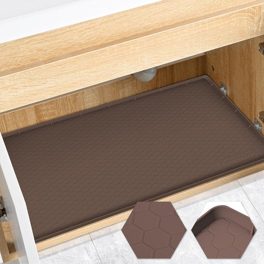 Waterproof Under Sink Mat 34" x 22", Silicone Cabinet Liner, Rubber Protector for Kitchen and Bathroom, Keeps Cabinets Clean, Dry, and Organized (Brown)