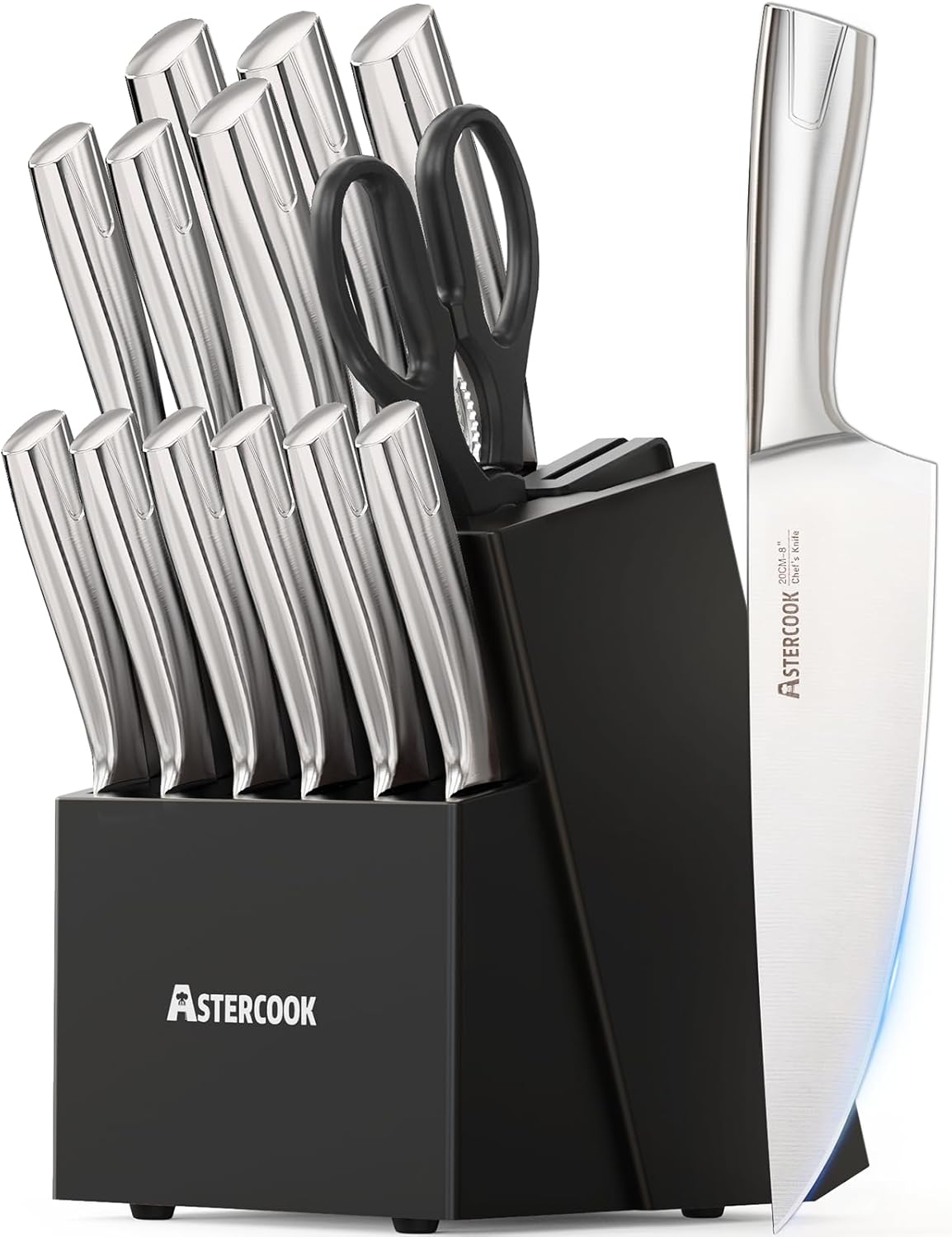 Astercook Knife Set Kitchen with Block and Sharpener Full Tang 15 Pcs Premium Stainless Steel Knives Dishwasher Safe Utensils Set with Ultra Sharp Blade and Anti-slip Ergonomic Handle, Elegant Black