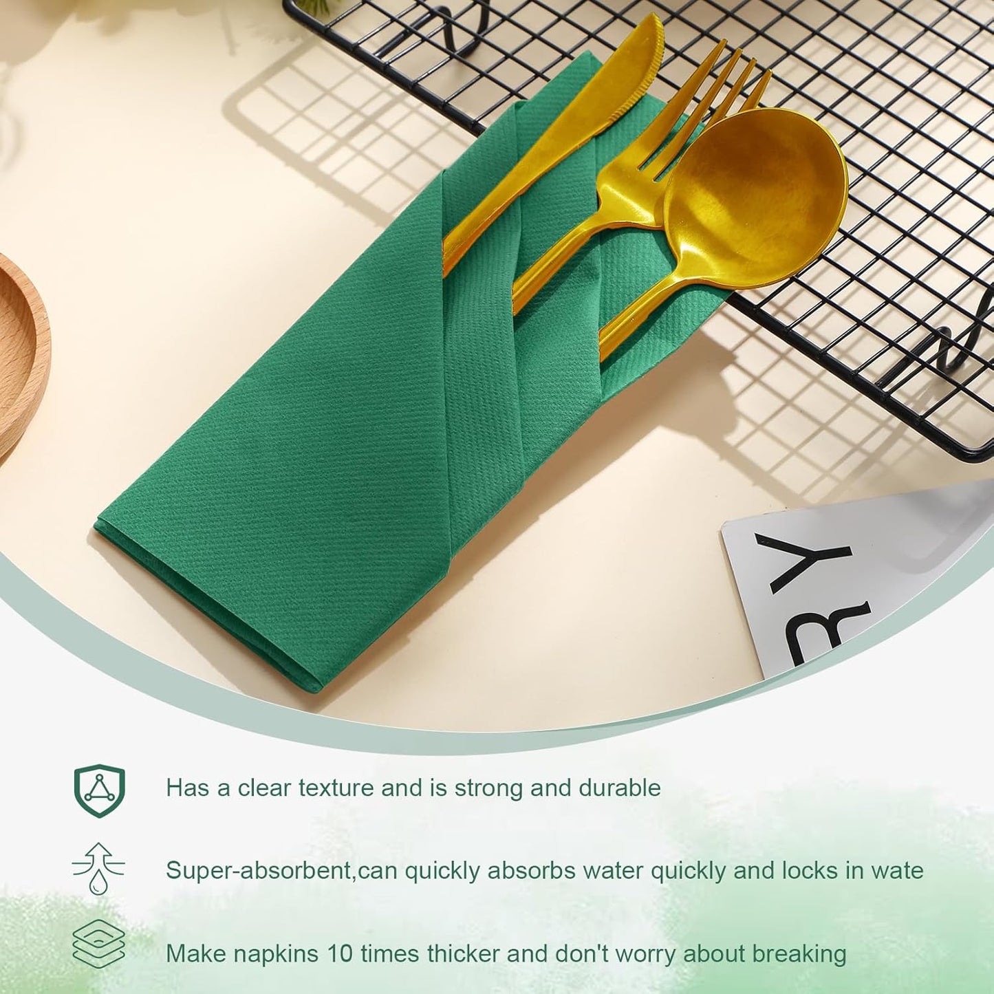 Qilery 50 Pcs Paper Linen Napkins Disposable Airlaid Paper Prefolded Dinner Napkins with Built in Flatware Pocket for Silverware Valentine Wedding Party Christmas Day (Lake Green)