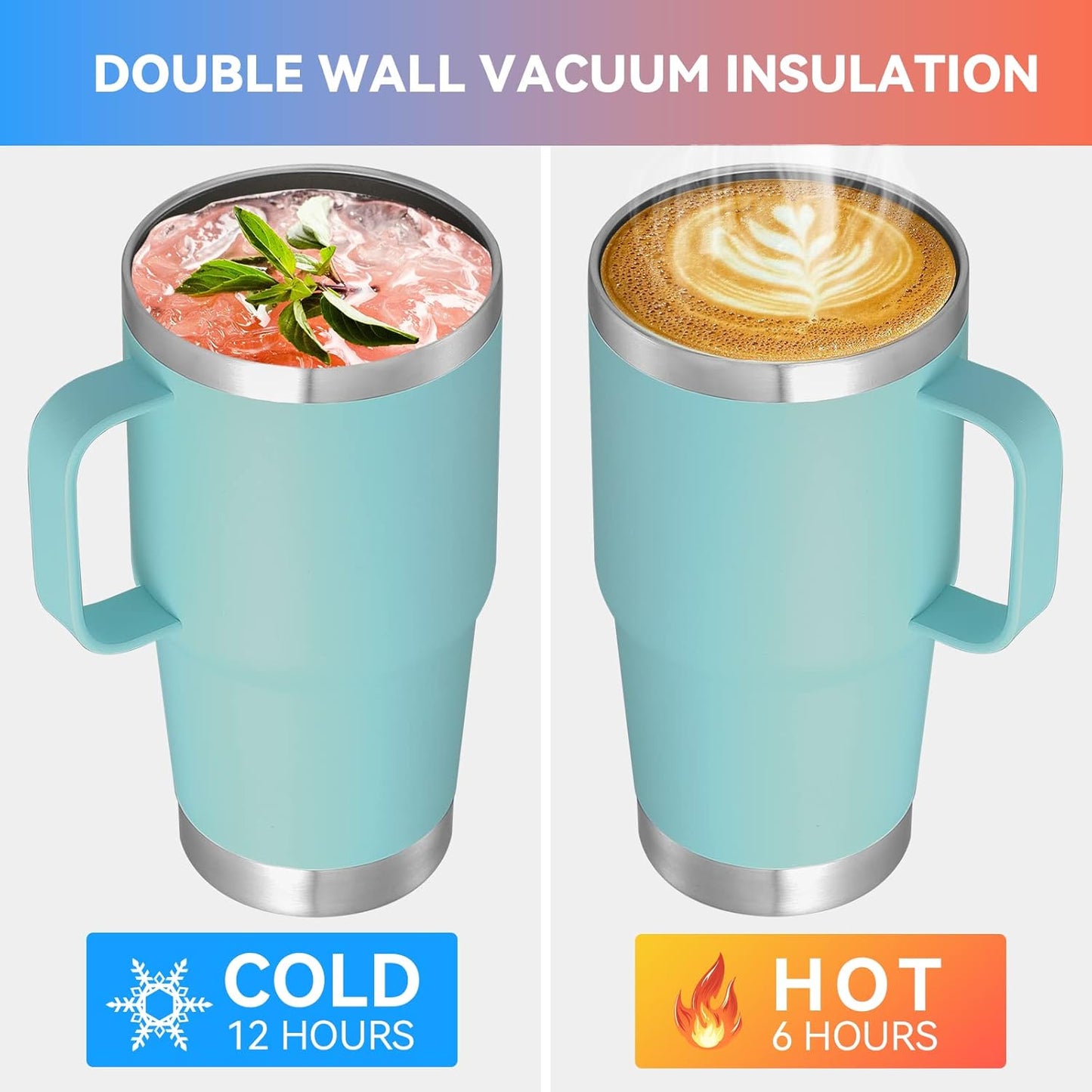 VEGOND 20 oz Tumbler Bulk with Handle Lid and Straw, Stainless Steel Insulated Travel Coffee Mug Set, Spill Proof Double Wall Metal Tumblers Cups, Mint Green 12 Pack