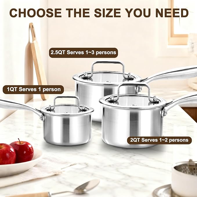 2 Quart Triple Stainless Steel Saucepan with Lid, Ramen Pot with Clear Glass Cover, Small Sauce Pan for Cooking Oatmeal, Induction-Ready, Dishwasher-Safe, Suitable for All Stoves