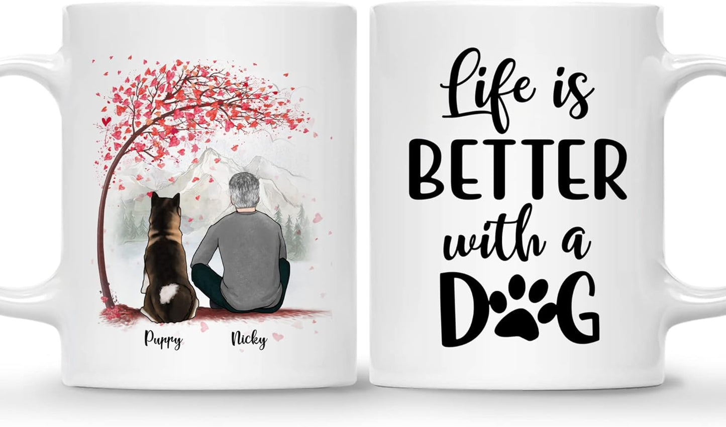 Gossby Personalized Dog Mug - Life is Better with a Dog (Man - Dog - Pink Tree) - 11oz, 15oz Customizable Dog Lover Mug for Dog Dad - Personalized Dog Dad Gifts for Dog Owners - White, Two-tone Mug
