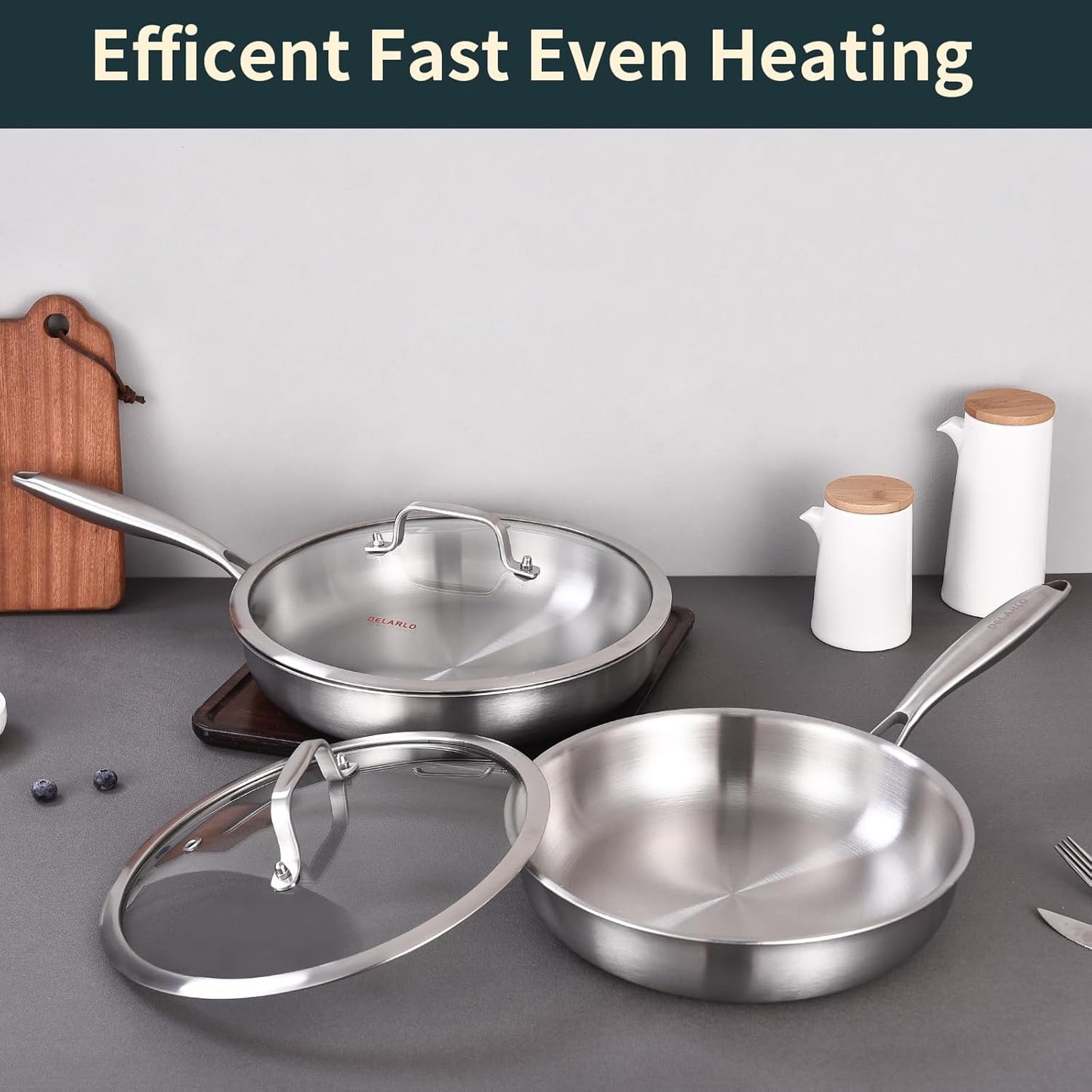 DELARLO Tri-ply Stainless Steel Frying Pan Set with Lid 8" 10" Induction large Skillets Chef's Pan,Pots and Pans Set Kitchen Cookware Set Suitable for All Stove