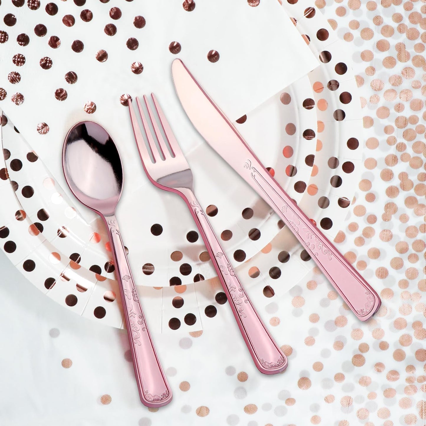 176 Pieces Rose Gold Disposable Party Dinnerware Set &Golden Dot Disposable Party Dinnerware - White Paper Plates Napkins Cups, Gold Plastic Forks Knives Spoons (25 Guests,176 Pieces)