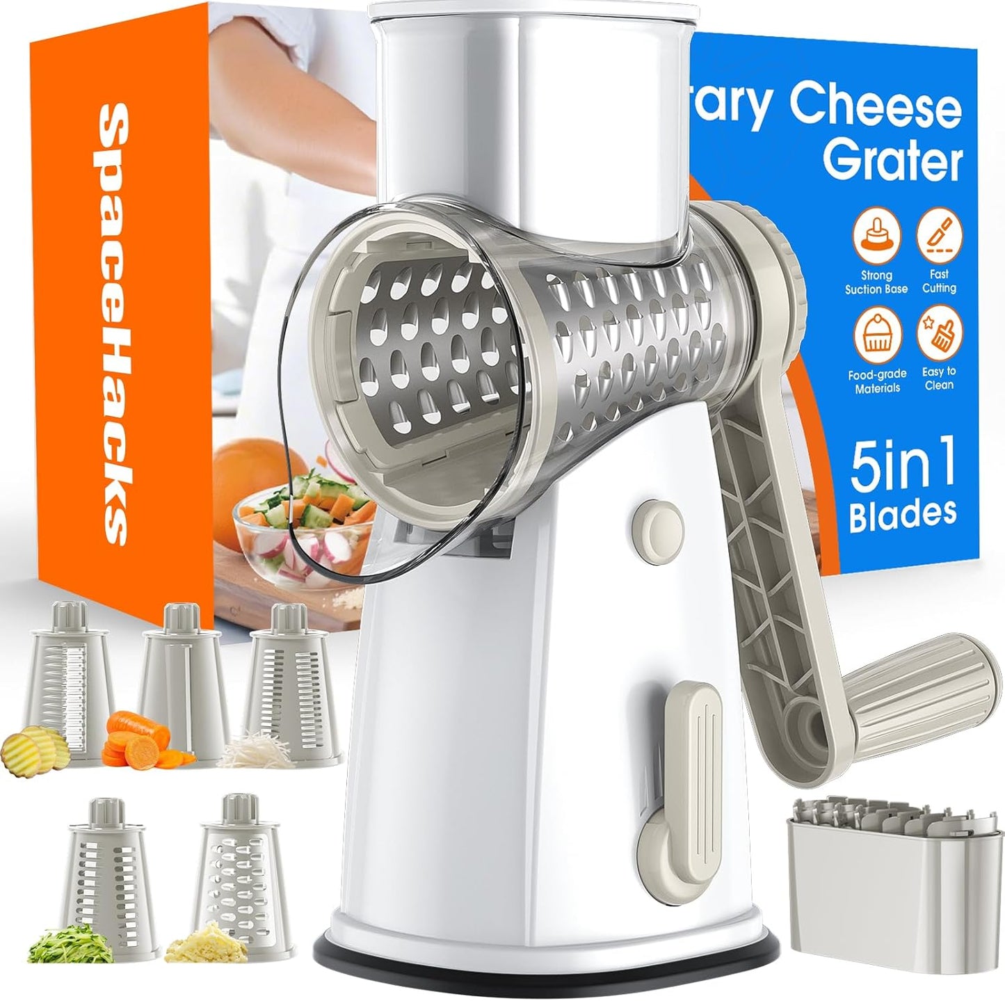 Rotary Cheese Grater Hand Crank with 5 Interchangeable Blades, Vegetable Slicer Chopper for Fruit Vegetable Nuts, Mandoline Slicer for Kitchen with Blades Rack & Suction Base, White