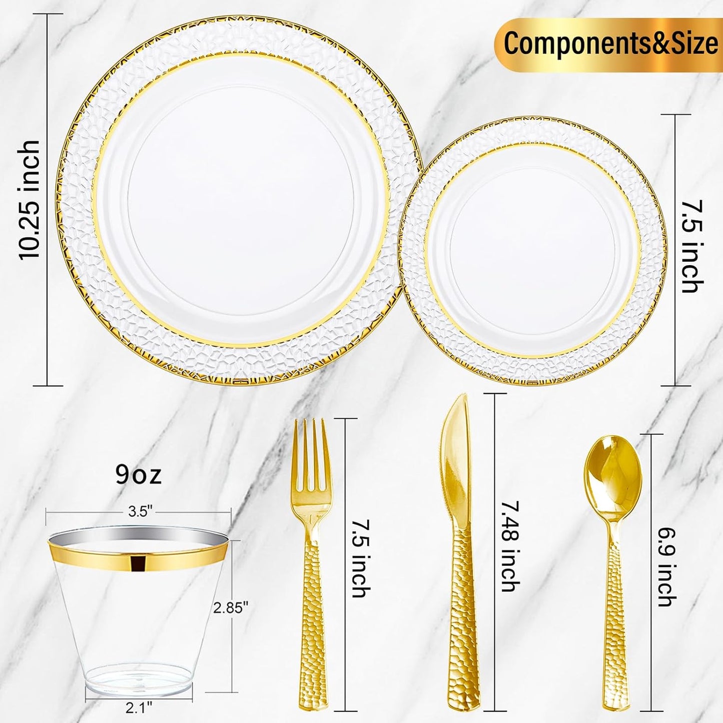 Nervure 150Pcs Clear Plastic Plates with Gold Hammered Silverware include 25Dinner Plate, 25Dessert Plate, 25Knives, 25Forks, 25Spoons and 25Cups for Wedding & Parties & Thanksgiving