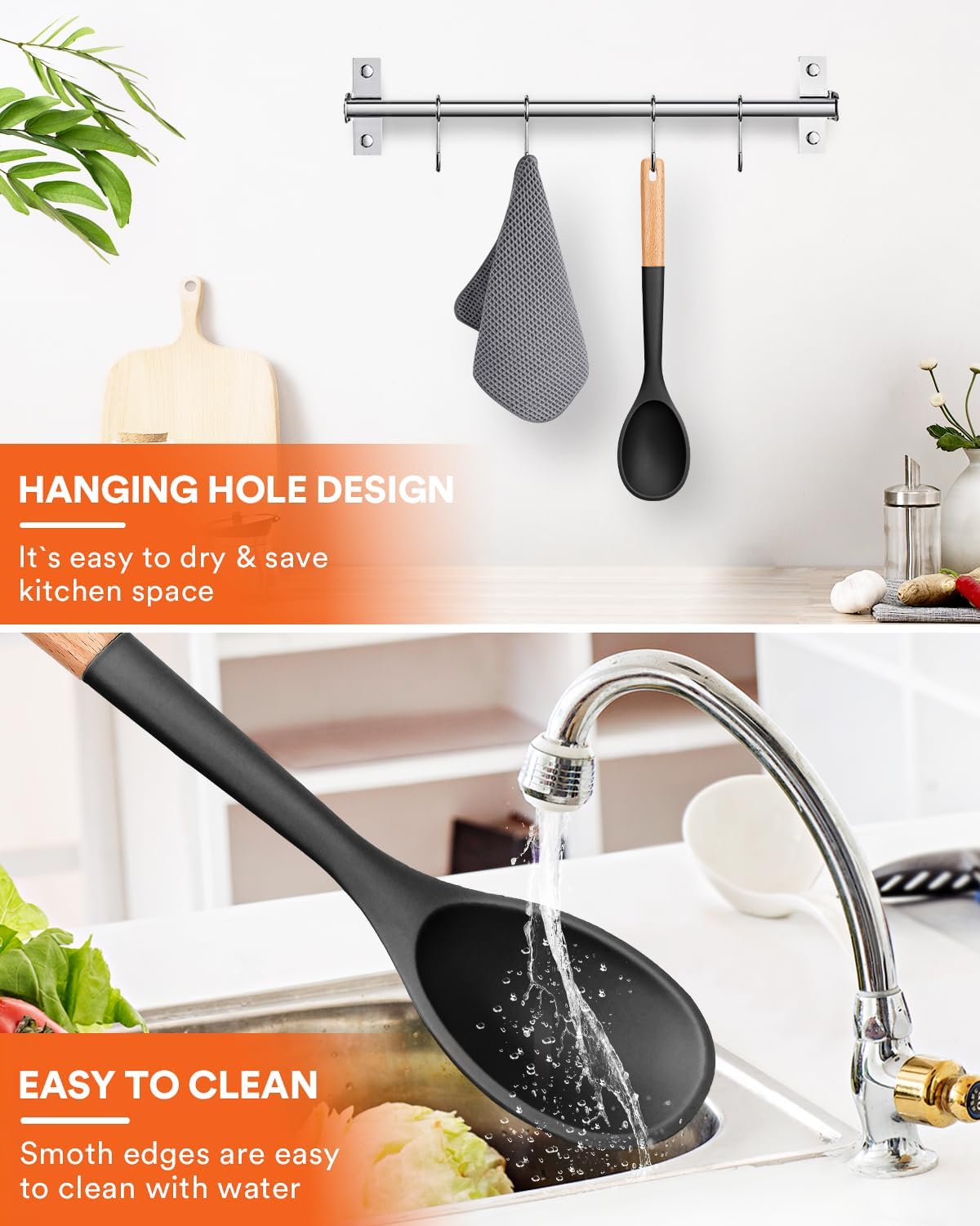 Large Silicone Cooking Spoons, Nonstick Solid Wooden Handle Spoon, Heat Resistan Silicone Kitchen Spoons for Cooking, Serving, Basting, Mixing, 13.2inch (Black)