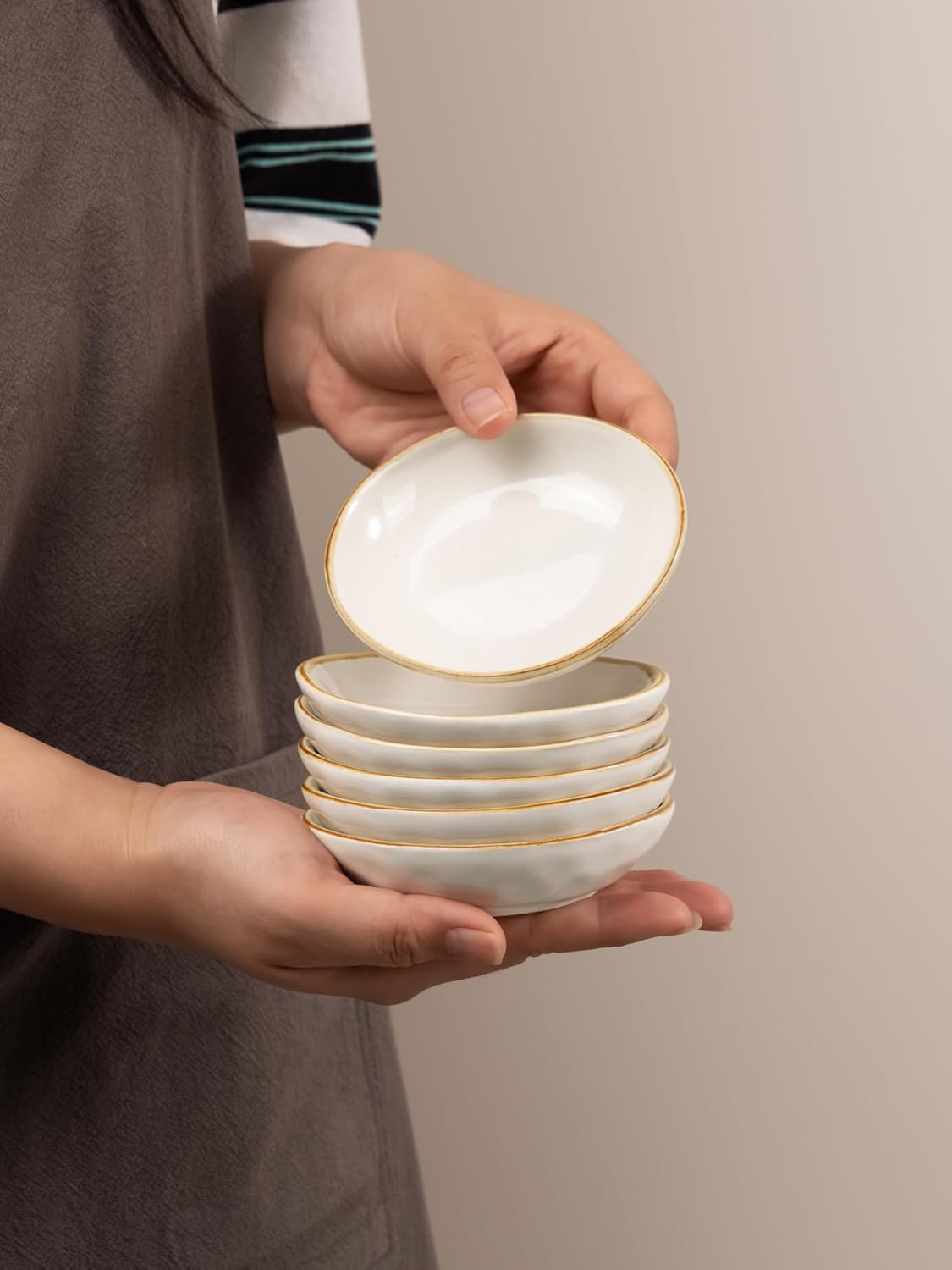 famiware Ocean Soy Sauce Dishes of 6, Oval Dipping Sauce Cups/Bowls/Dishes for Kitchen, 2.1oz Ceramic Small Bowls for Side Dish, Appetizers, Snacks, and Sushi, Reactive Glaze, Cappuccino White