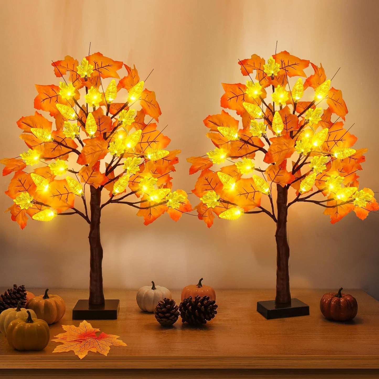 2 Pack 24 Inch Prelit Fall Maple Tree Decorations with 48 LEDs Timer Fall Battery Operated Lighted Artificial Pumpkin Light Up Maple Tree for Thanksgiving Harvest Table Home Indoor Decor