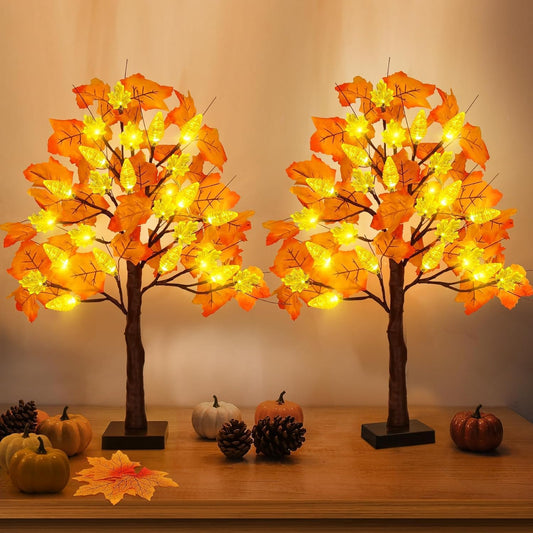2 Pack 24 Inch Prelit Fall Maple Tree Decorations with 48 LEDs Timer Fall Battery Operated Lighted Artificial Pumpkin Light Up Maple Tree for Thanksgiving Harvest Table Home Indoor Decor