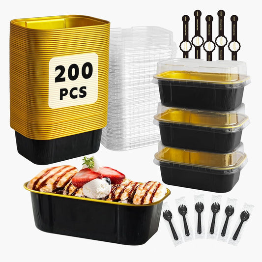 Mini Cake Pans With Lids And Spoons,5.5 oz Rectangle Mini individual Loaf Pans Disposable Aluminum Foil Small Baking Cups Tins (200, Black)