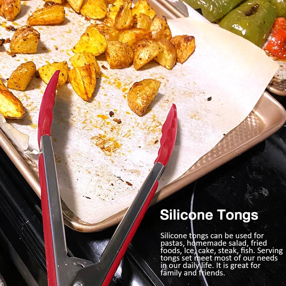 9 Inch Small Kitchen Tongs Set of 3, Silicone Cooking Tongs with Silicone Tips and Stainless Steel Handle, Tongs for Cooking, Serving(Red)