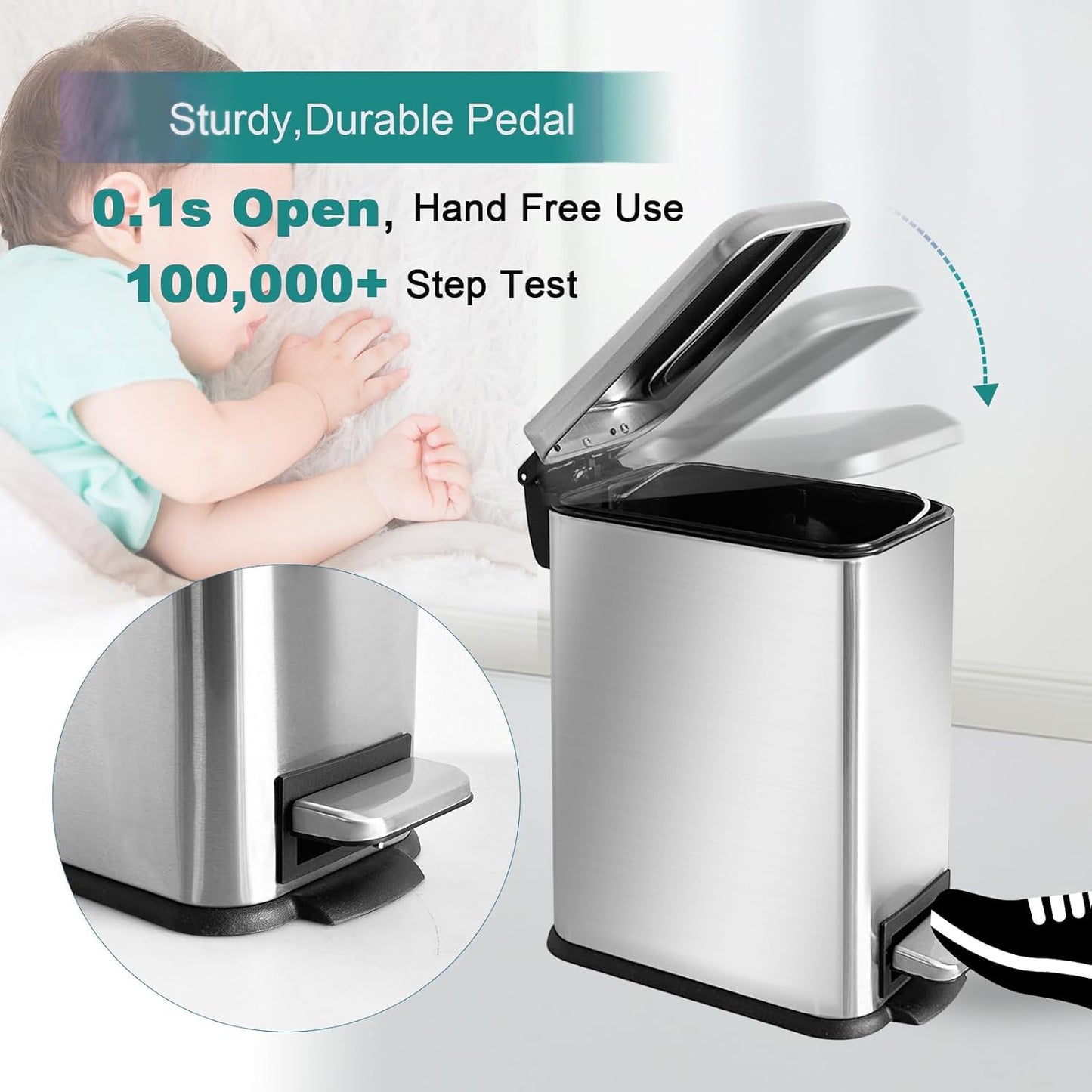Small Bathroom Trash Can with Lid, 1.3 Gallon Stainless Steel Trash Can with Removal Inner Bucket, Soft Close Lid, Step Pedal, Compact Trash Bin for Bedroom, Office, Kitchen (Silver)