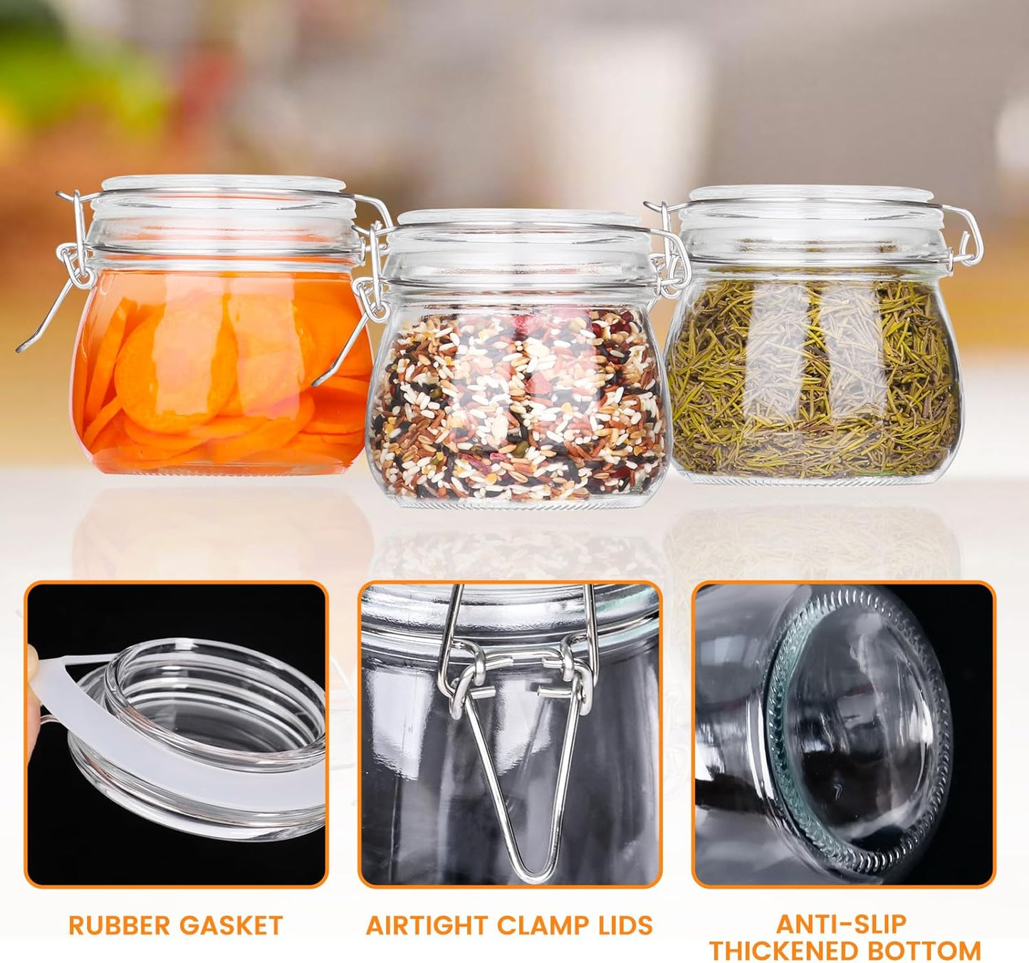 AuroTrends 16oz Glass Jars with Airtight Lids 6Pack - Large Kitchen Canisters for Food Storage, 480ml Leakproof Canning Jars with Wide Mouth, Ideal for Flour, Coffee, Snacks & Home Organization