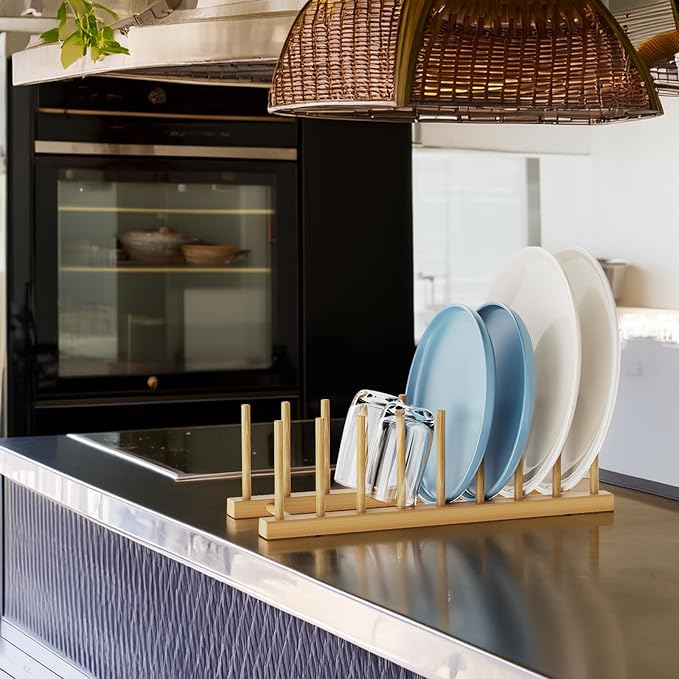 Bamboo Dish Drying Rack for Kitchen Organizer-Sturdy Plate Rack Organizer with Natural Bamboo,Dish Rack Holds Plates, Bowls, Cups & Cutting Boards-Dish Drying Rack for Countertop & Cabinets