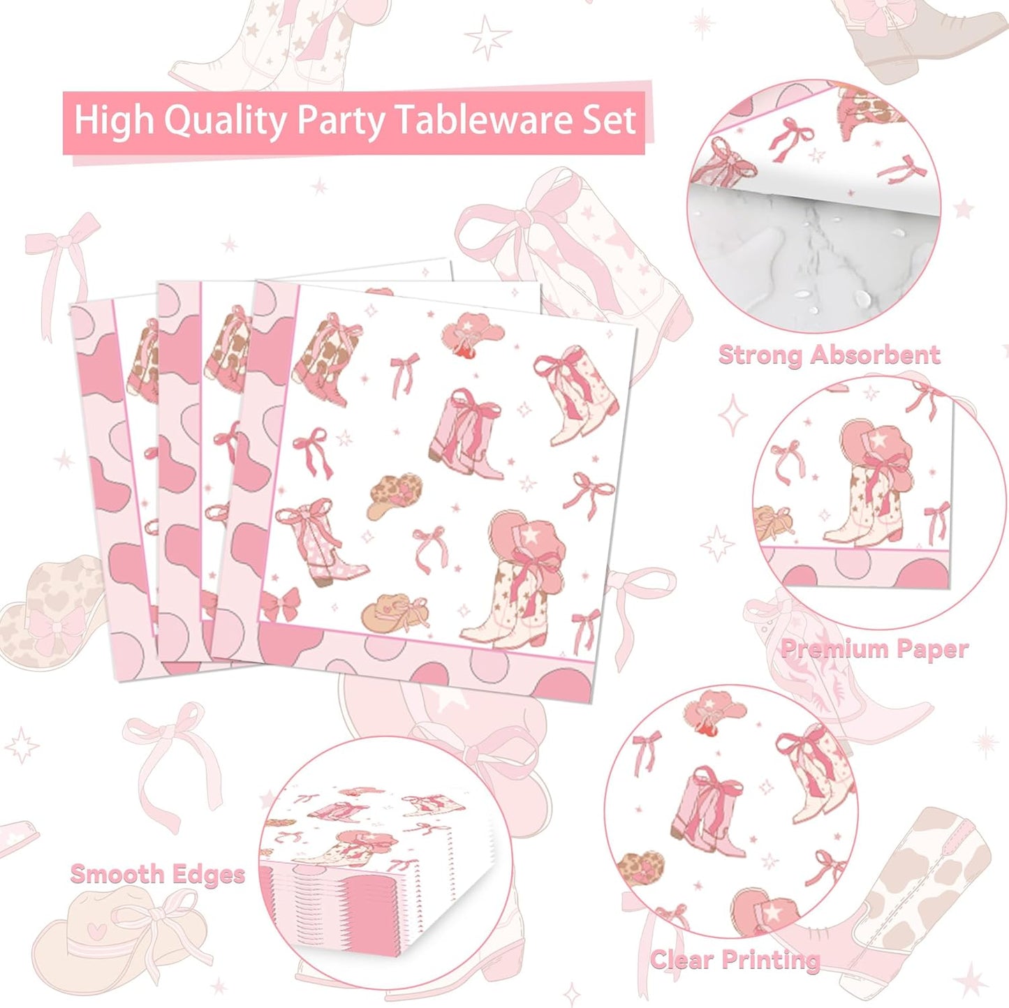 Pink Bow Cowgirl Party Dinnerware Kit for Girls - 20 Guests All-in-One, Bow Cowgirl Decorations, Coquette Birthday Supplies Plates Cutlery Napkins Cups Tablecloth for Western Baby Shower Bachelor