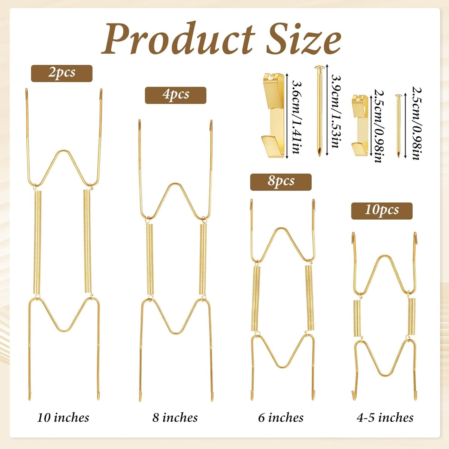 24 Pieces Invisible Wall Plate Hangers 4/6/8/10 Inches Invisible Decorative Wire Plate Holders, Stainless Steel Plates Wall Hanger, Dish Display Holder, with 24 Pieces Hangers Hook and Nails, Gold