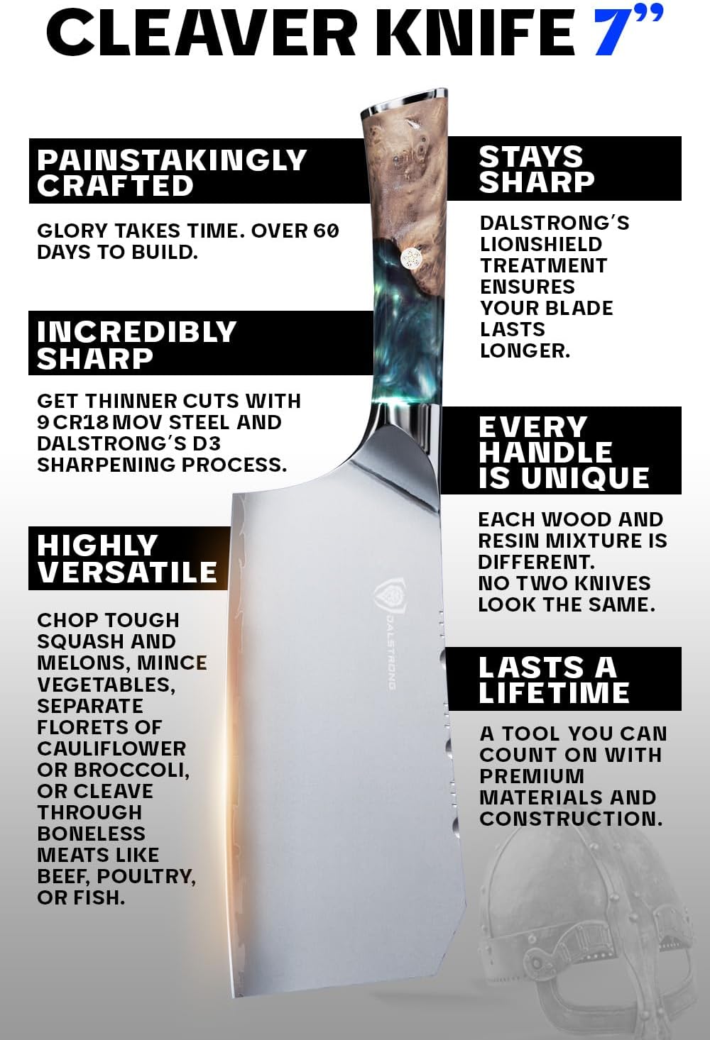 Dalstrong Valhalla Series 7 Inch HC Steel Meat Cleaver - Razor Sharp Knife - Celestial Resin & Wood Handle - Heavy Duty Slicer - Leather Sheath