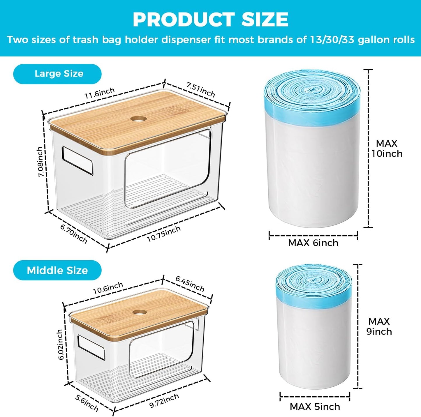 Trash Bag Holder Dispenser with Bamboo Lid, 2 Pack Clear Stackable Plastic Grocery Bag Holder for Home Kitchen Pantry Countertop, Medium & Large Wall Mounted Storage Bins for Onion Potato Storage
