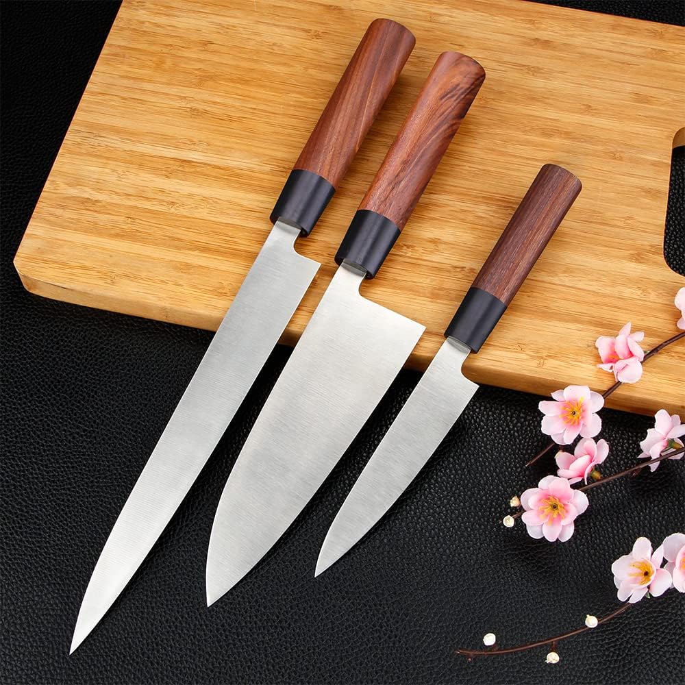 MSY BIGSUNNY 3pcs Sashimi Knives Set - Sushi Knife Set (3 in 1) - Stainless Steel - Brown