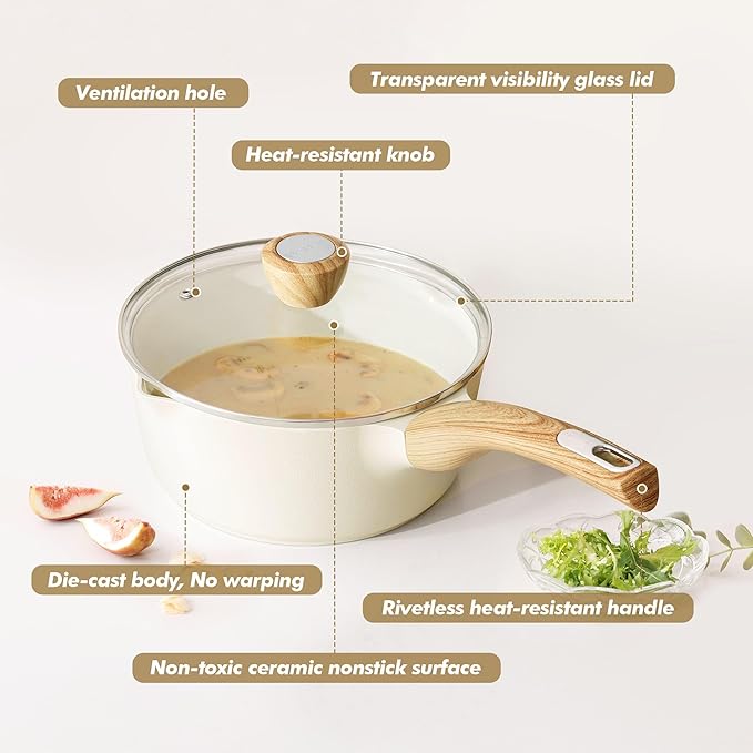 SENSARTE Ceramic Nonstick Sauce Pan with Lid, 2.5 Quart Saucepan with Double Spout, Large Cooking Pot, Non toxic Kitchen Sauce Pot, Non stick Saucier Pan, Induction Cookware, PFOA PTFE PFAS Free