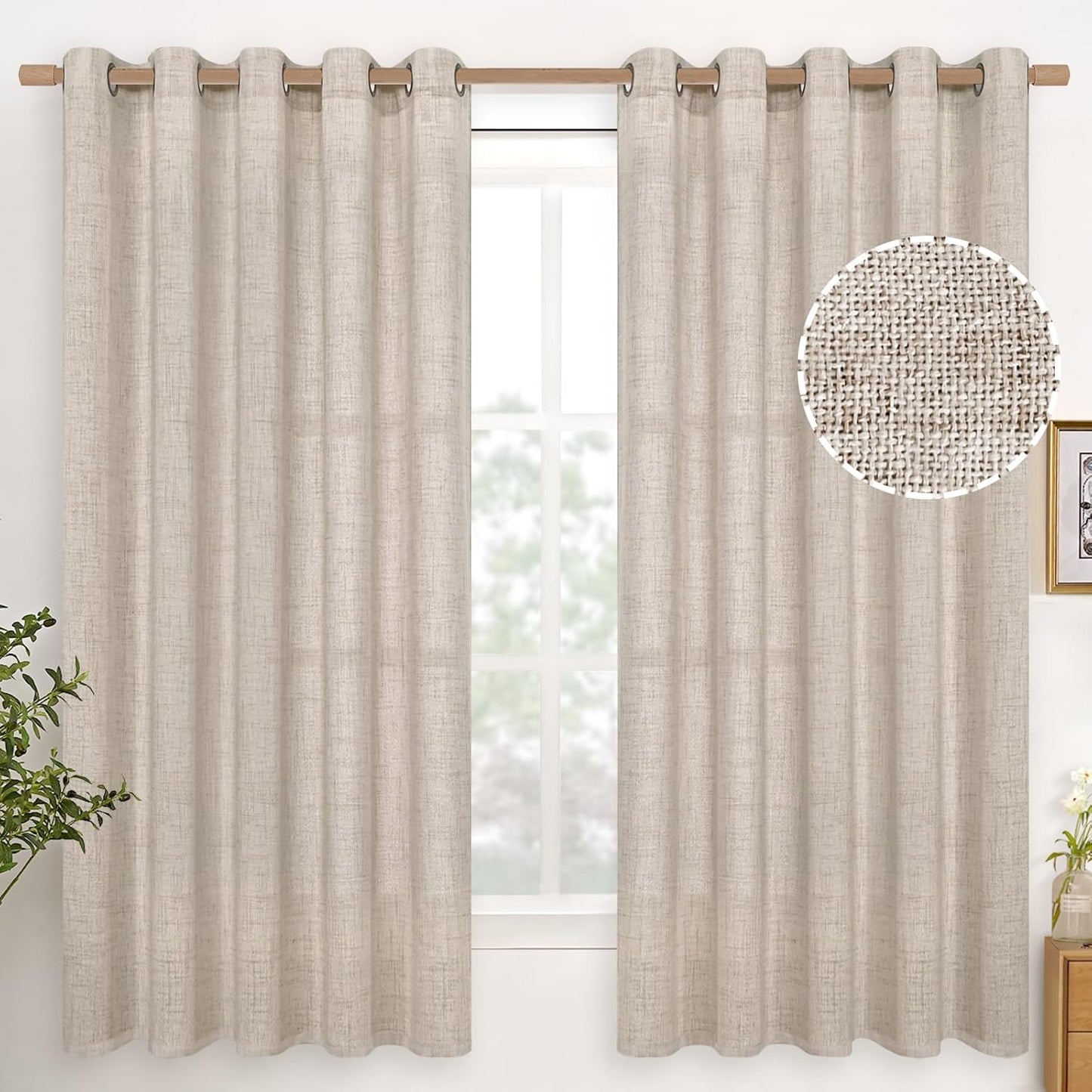 YoungsTex Natural Linen Curtains 63 Inch Length 2 Panel Linen Textured Curtains with Bronze Grommet Light Filtering Window Drapes for Living Room, 60 X 63 Inch