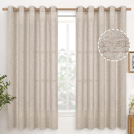 YoungsTex Natural Linen Curtains 63 Inch Length 2 Panel Linen Textured Curtains with Bronze Grommet Light Filtering Window Drapes for Living Room, 60 X 63 Inch